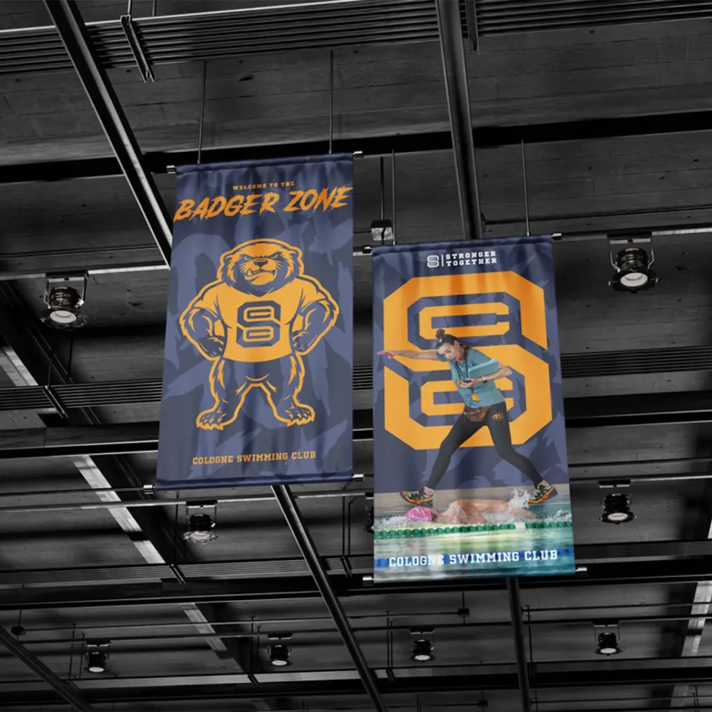 EII Logodesign Branding Markenstrategie CSC Cologne Swimming Club Case Study Hanging Flag Mockup mobil